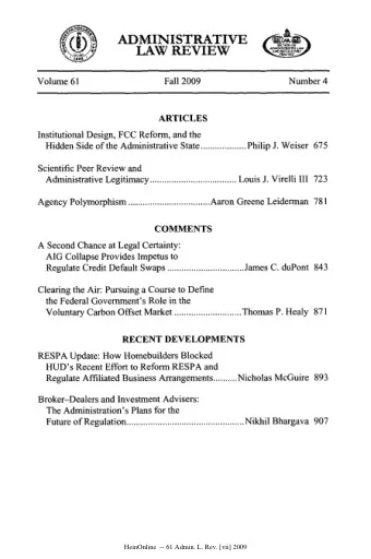 LAW REVIEW Volume 61  Fall 2009  Number 4  ARTICLES Institutional Design, FCC Reform, and the