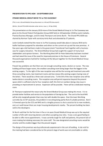 PRESENTATION TO PPG AGM - 18 SEPTEMBER 2018  STRAND MEDICAL GROUP MOVE TO 1a THE CAUSEWAY  (This is