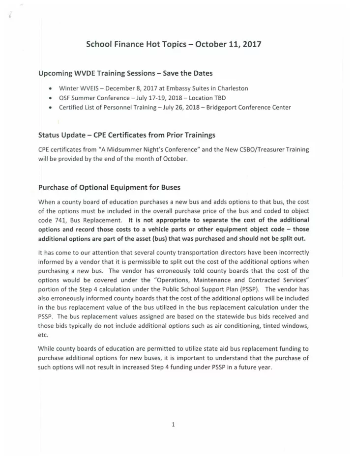 school finance hot topics october 11 2017 upcoming wvde