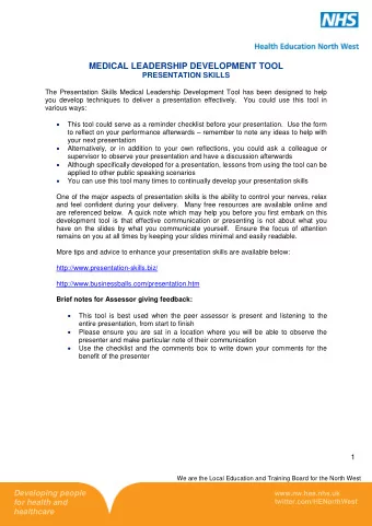 MEDICAL LEADERSHIP DEVELOPMENT TOOL PRESENTATION SKILLS  The Presentation Skills Medical Leadership