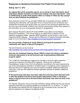 Responses to Questions/Comments from Public Forum Session  Beijing, April 11, 2013  As regards New