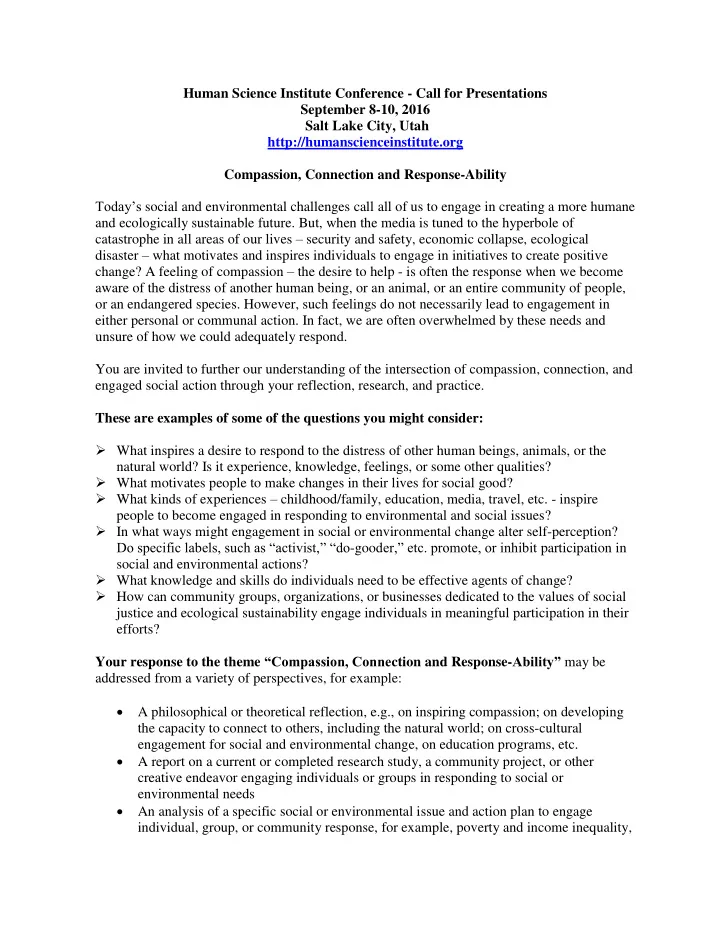 human science institute conference call for presentations