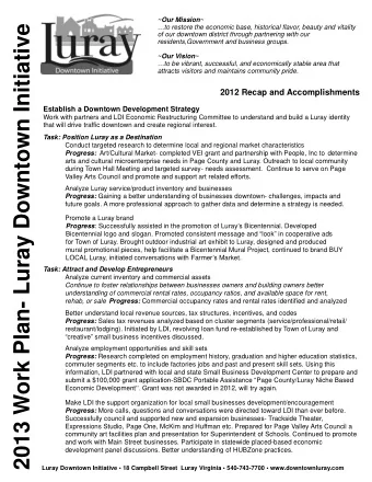 2013 Work Plan- Luray Downtown Initiative  to restore the economic base, historical flavor,