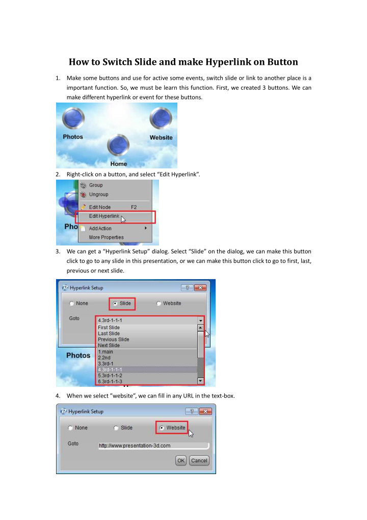 how to switch slide and make hyperlink on button