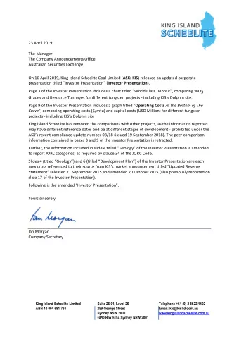 23 April 2019 The Manager The Company Announcements Office Australian Securities Exchange On 16