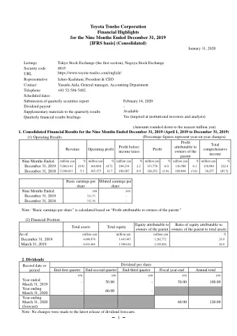 Toyota Tsusho Corporation  Financial Highlights for the Nine Months Ended December 31, 2019  [IFRS