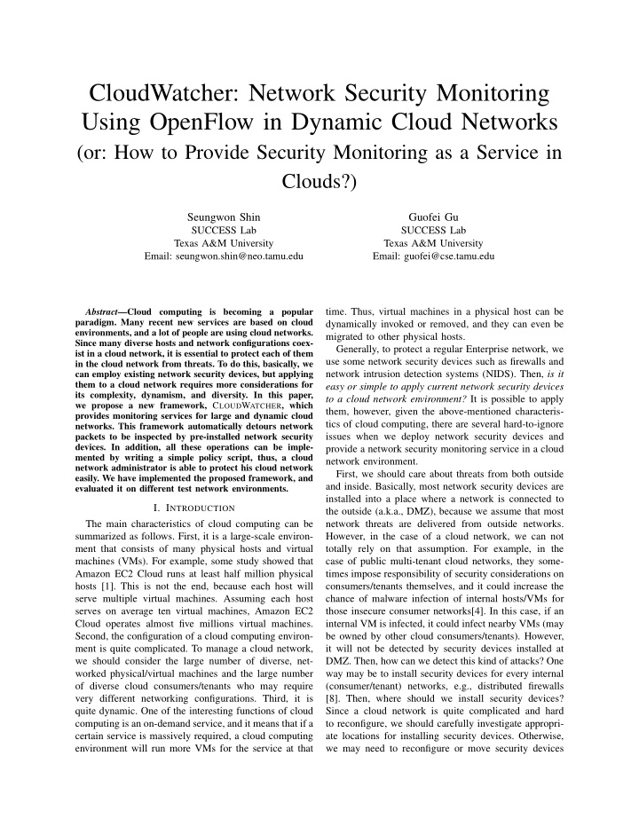 cloudwatcher network security monitoring using openflow