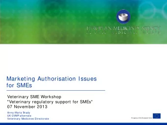Marketing Authorisation Issues  for SMEs  Veterinary SME Workshop  &quot;Veterinary regulatory