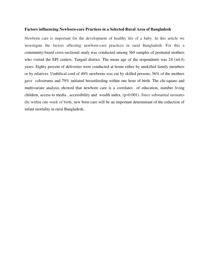 factors influencing newborn care practices in a selected