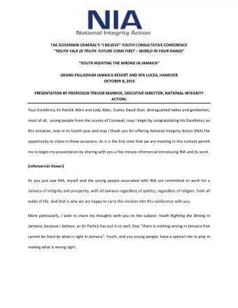 THE GOVERNOR GENERALS I BELIEVE YOUTH CONSULTATIVE CONFERENCE YOUTH TALK DI TRUTH: