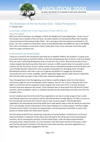 The Breakdown of the Iran Nuclear Deal  Global Perspectives 2 nd October 2019  Emad Kiyaei,
