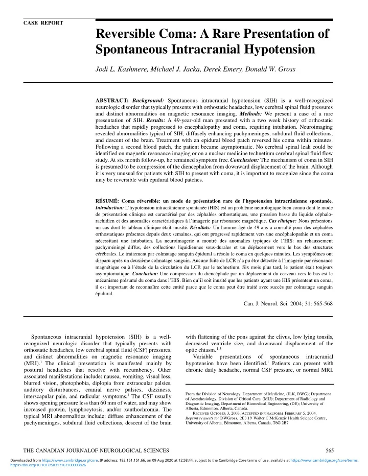 reversible coma a rare presentation of spontaneous