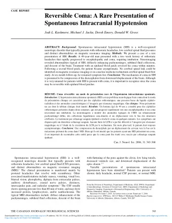 Reversible Coma: A Rare Presentation of  Spontaneous Intracranial Hypotension  Jodi L. Kashmere,