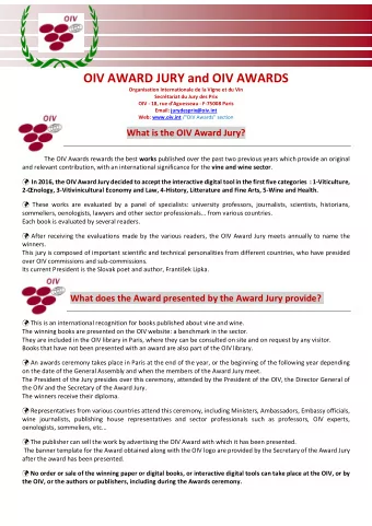 OIV AWARD JURY and OIV AWARDS  Organisation Internationale de la Vigne et du Vin  Secrtariat du
