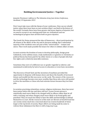 Building Environmental JusticeTogether  Jeanette Fitzsimons address to The Salvation Army