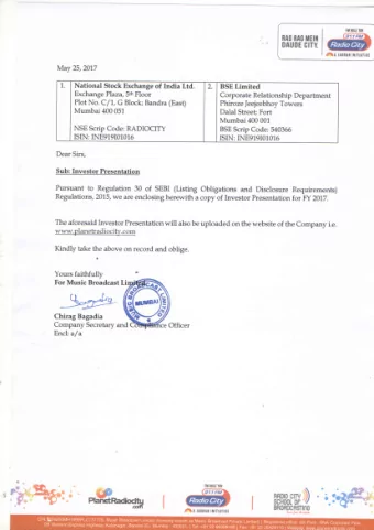 Music Broadcast Limited  Investor Presentation  May 2017  Safe Harbor This presentation and the