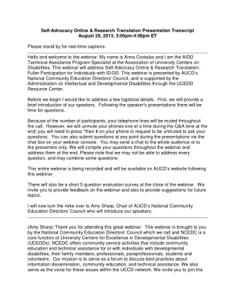 Self-Advocacy Online &amp; Research Translation Presentation Transcript August 29, 2013,