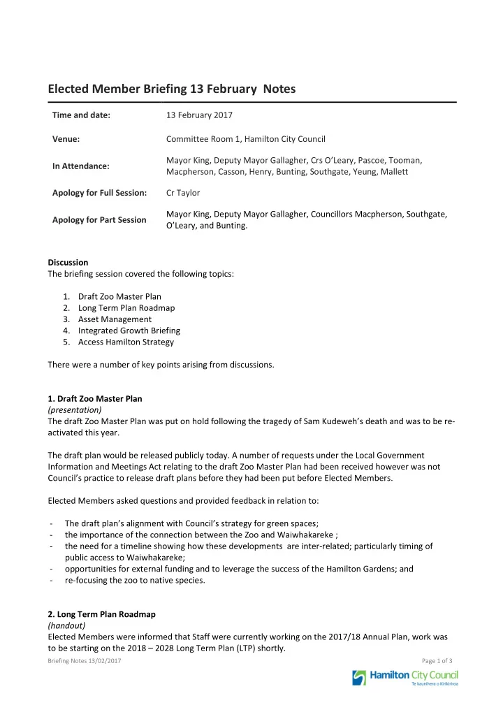 elected member briefing 13 february notes