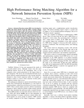 High Performance String Matching Algorithm for a  Network Intrusion Prevention System (NIPS)  Yaron
