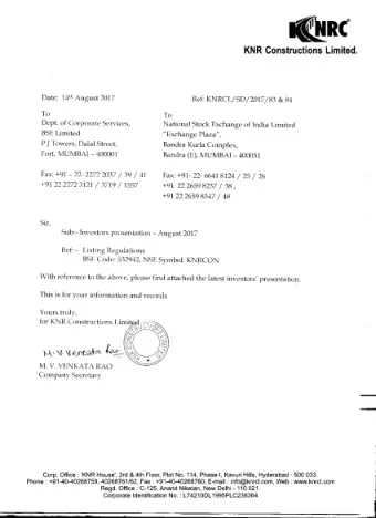 Investor  Presentation  2  KNR Constructions Limited  Disclaimer This presentation and the