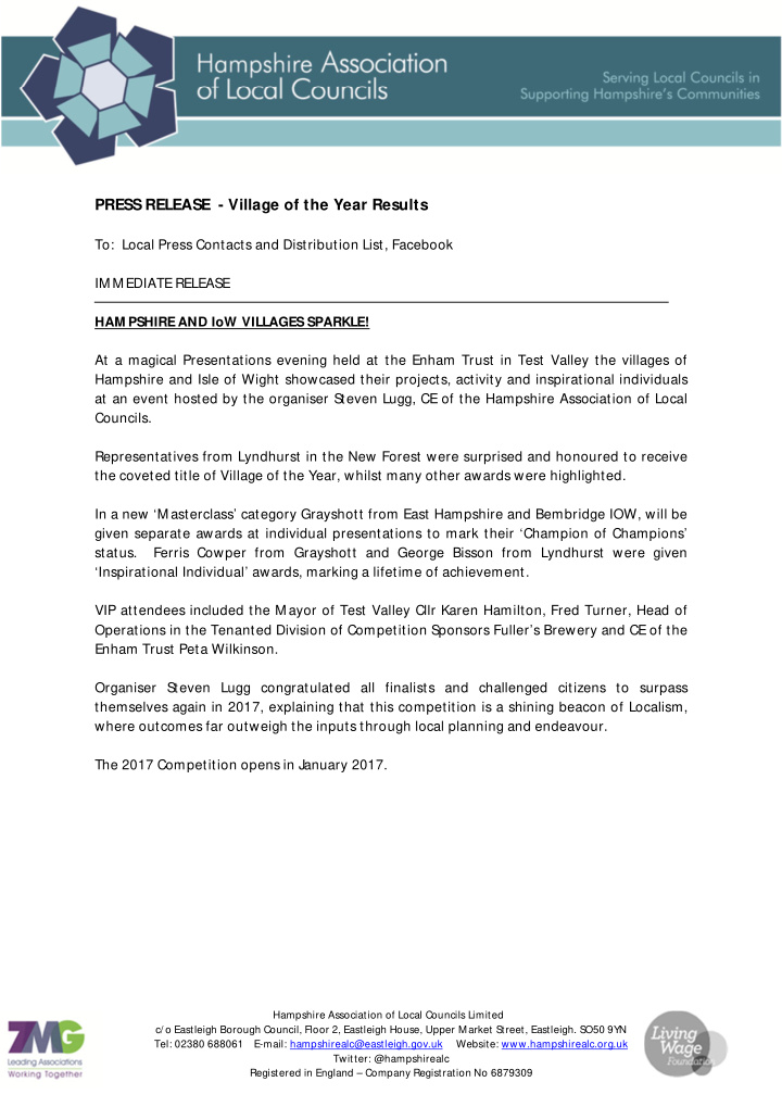 press release village of the year results to local press