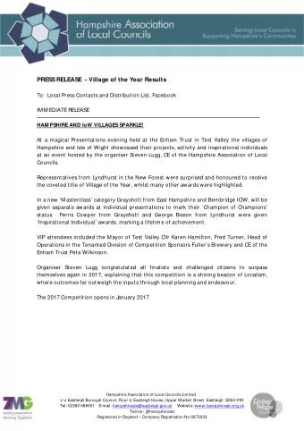 PRESS RELEASE  - Village of the Year Results  To:  Local Press Contacts and Distribution List,