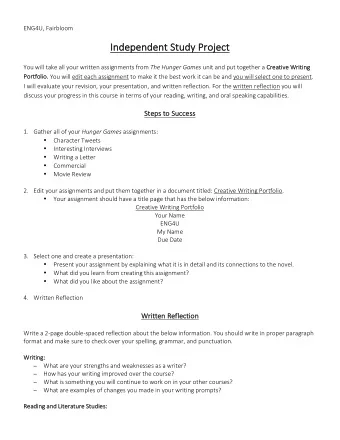 In  Independent Stu  t Study P  Pro  roje  ject You will take all your written assignments from The