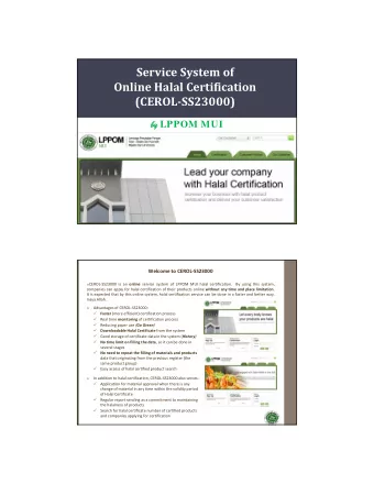 Service System of Online Halal Certification (CEROL  SS23000)  by by LPPOM MUI Welcome to CEROL