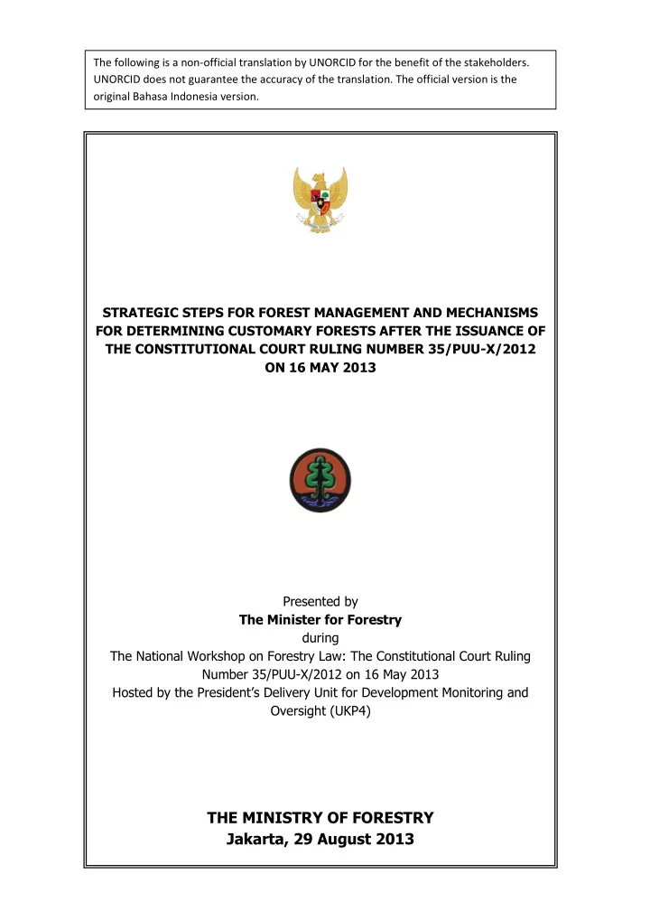 the ministry of forestry jakarta 29 august 2013