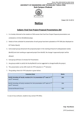 Notice Subject: Final Year Project Proposal Presentations 2k9 1. It is hereby informed to the