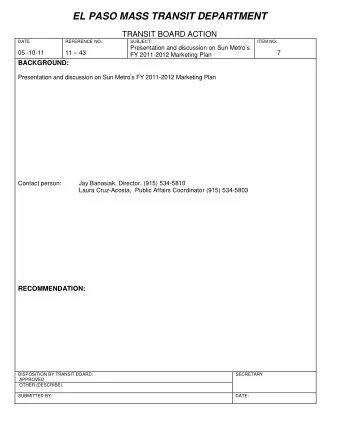 EL PASO MASS TRANSIT DEPARTMENT  TRANSIT BOARD ACTION  DATE  REFERENCE NO.  SUBJECT:  ITEM NO:
