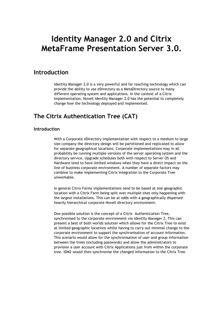 identity manager 2 0 and citrix metaframe presentation
