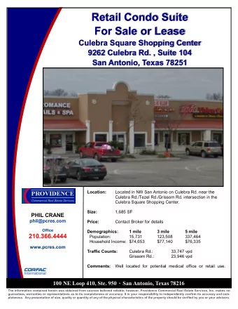 Retail Condo Suite For Sale or Lease Culebra Square Shopping Center 9262 Culebra Rd. , Suite 104