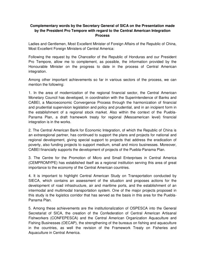 complementary words by the secretary general of sica on
