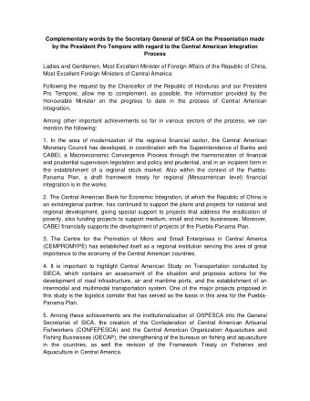 Complementary words by the Secretary General of SICA on the Presentation made  by the President Pro