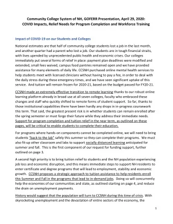 Community College System of NH, GOFERR Presentation, April 29, 2020:  COVID Impacts, Relief Needs