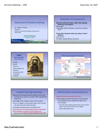 Motivation for Assessment Assessment of Student Learning Measure what you value, rather than