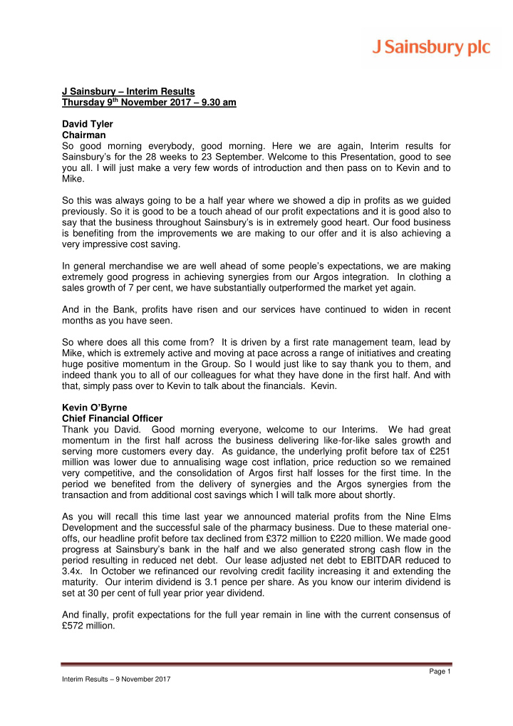 j sainsbury interim results thursday 9 th november 2017 9