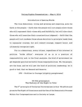 Voting Rights Presentation - May 4, 2014  Introduction &amp; Opening Words  The true democracy,
