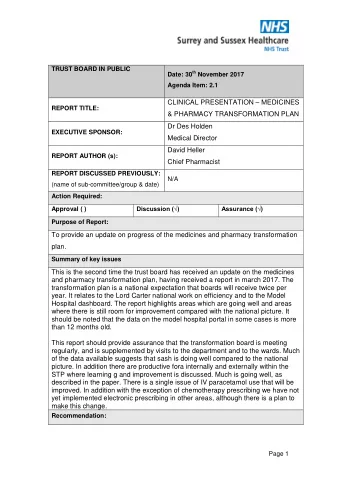 CLINICAL PRESENTATION  MEDICINES  REPORT TITLE:  &amp; PHARMACY TRANSFORMATION PLAN  Dr Des