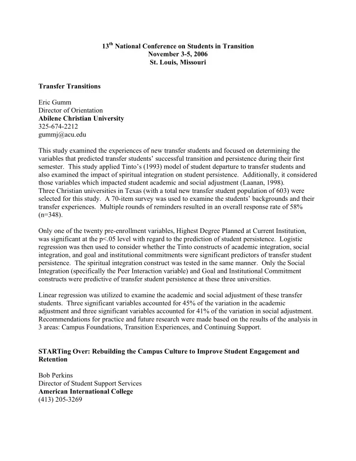 13 th national conference on students in transition
