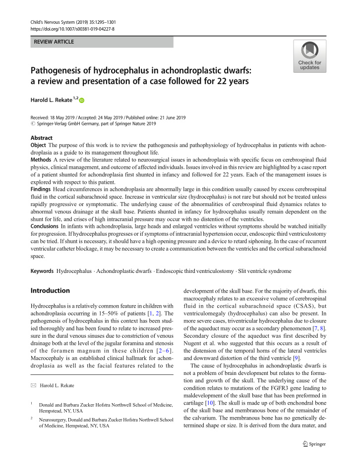 pathogenesis of hydrocephalus in achondroplastic dwarfs a