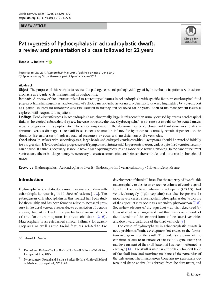 pathogenesis of hydrocephalus in achondroplastic dwarfs a