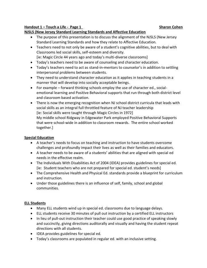 handout 1 touch a life page 1 sharon cohen