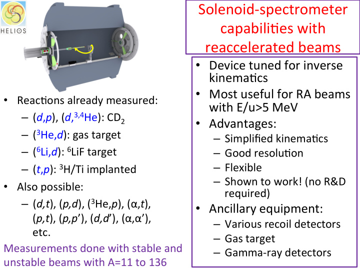 solenoid spectrometer capabili es with reaccelerated beams