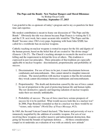 The Pope and the Bomb:  New Nuclear Dangers and Moral Dilemmas  by Bishop Oscar Cant  Thursday,