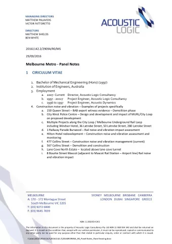 Melbourne Metro - Panel Notes 1 CIRICULUM VITAE 1. Bachelor of Mechanical Engineering (Hons) (1997)