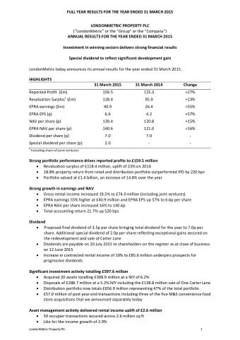FULL YEAR RESULTS FOR THE YEAR ENDED 31 MARCH 2015  LONDONMETRIC PROPERTY PLC (LondonMetric