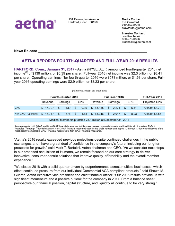 aetna reports fourth quarter and full year 2016 results
