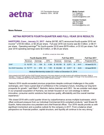 AETNA REPORTS FOURTH-QUARTER AND FULL-YEAR 2016 RESULTS HARTFORD, Conn., January 31, 2017 - Aetna